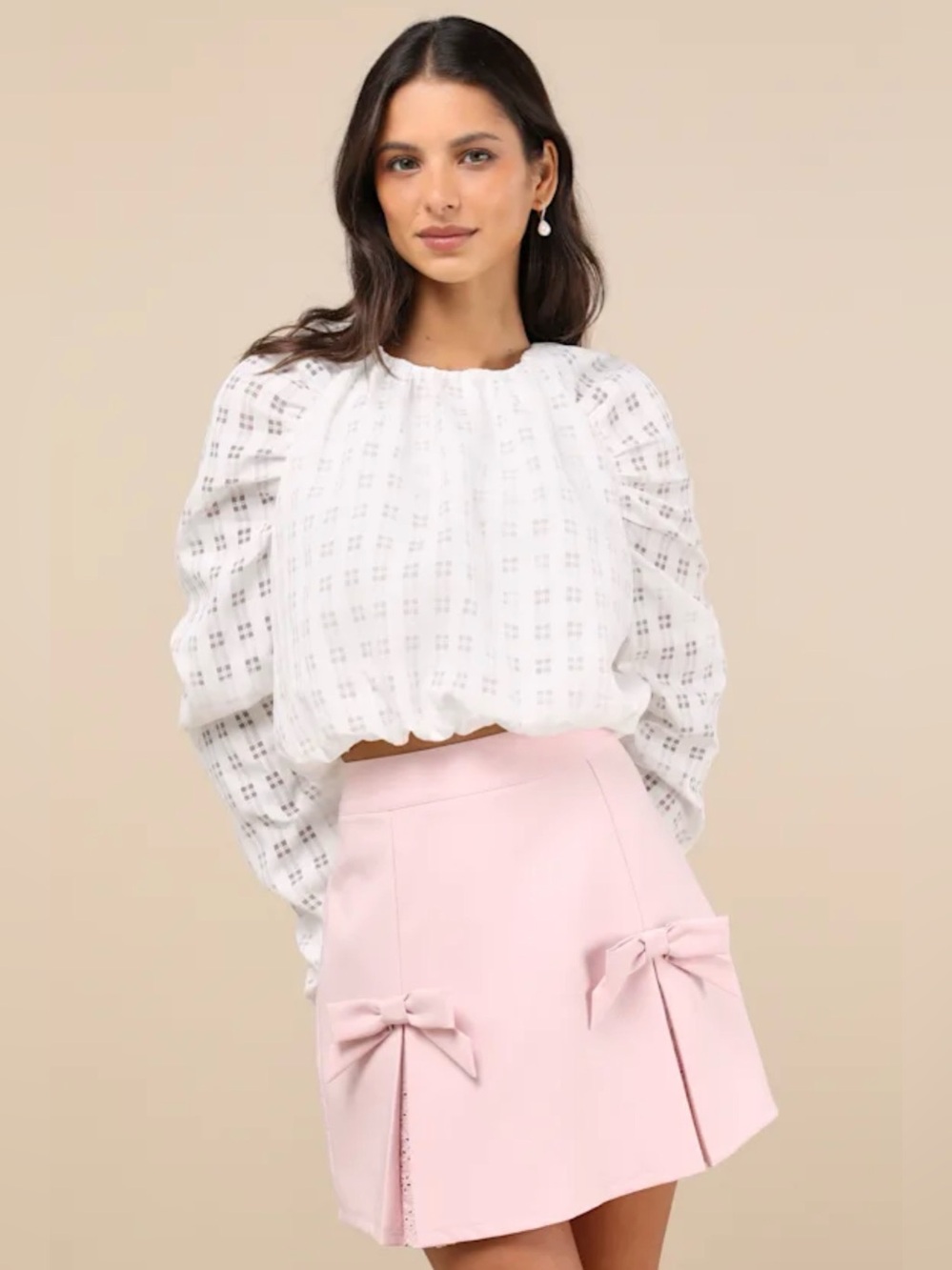 NWT Lulu's White Eyelet Long Puff-Sleeve Peasant Top - Medium